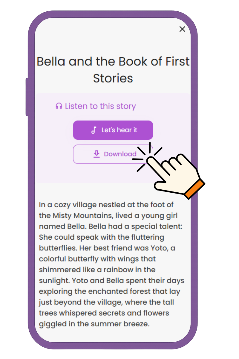 Owl Tales story interface showing download button being clicked