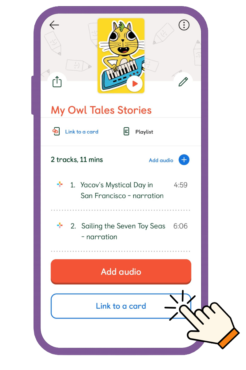 Yoto app showing playlist with link to card button being clicked