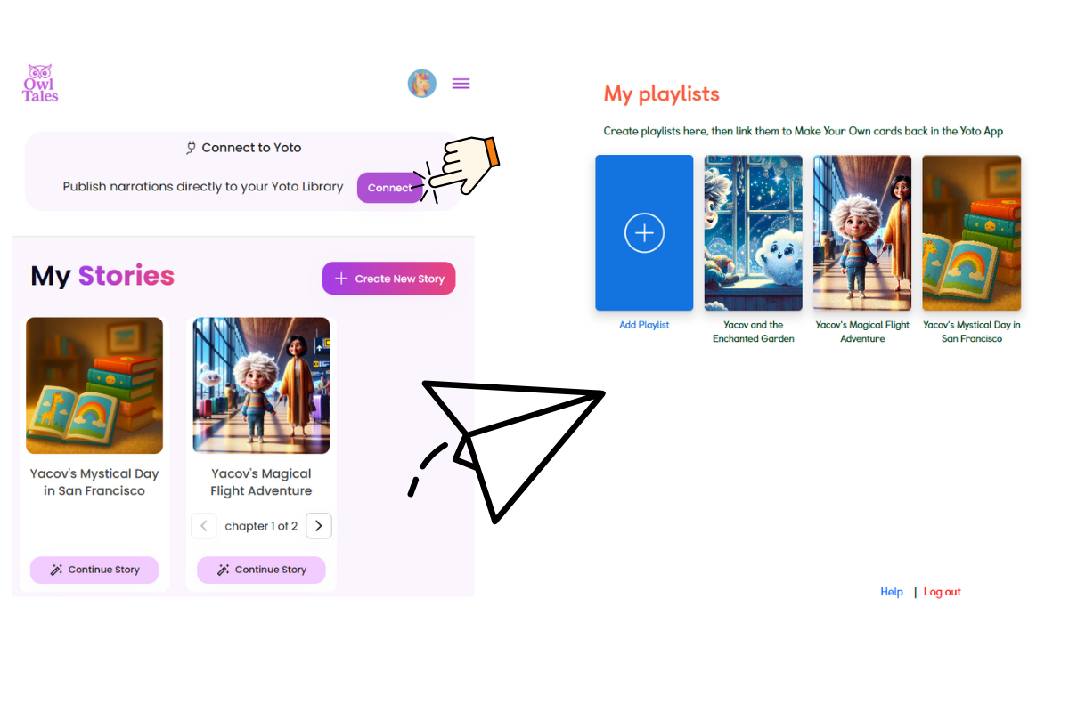Automatic sync between Owl Tales and Yoto showing stories flowing from My Stories to My playlists